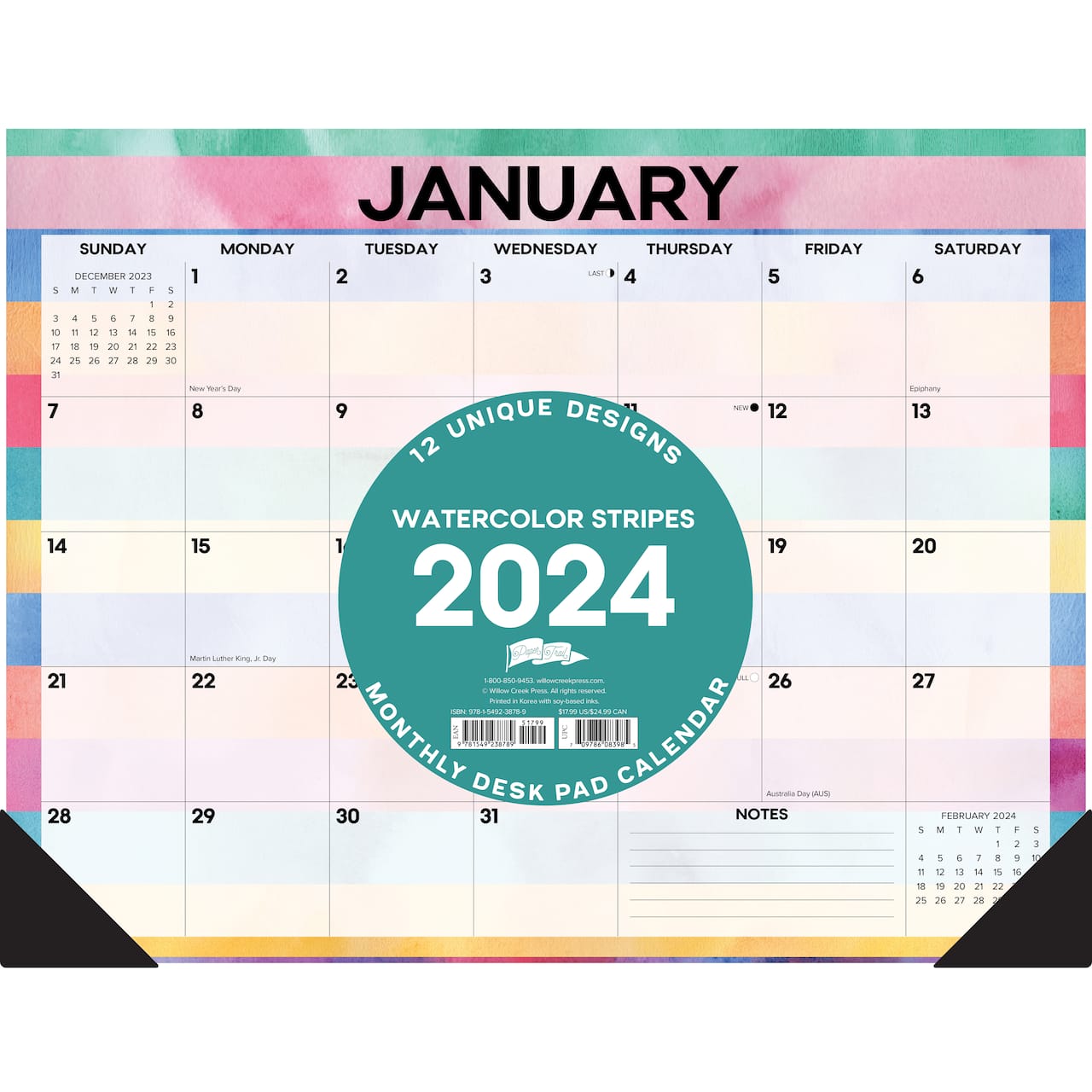 2024 Watercolor Stripes Monthly Desk Calendar